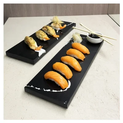 Set BandejaPlato SushiPicoteo 12 x 36 cm. Cuarzo Negro Marquina1