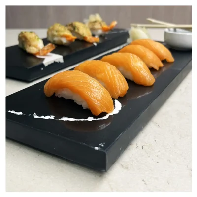 Set BandejaPlato SushiPicoteo 12 x 36 cm. Cuarzo Negro Marquina2